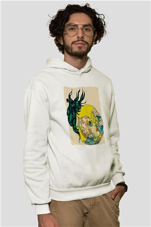 Kova Burcu Baskılı Beyaz Unisex Hoodie