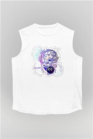 Kova Burcu Baskılı Beyaz Unisex Kolsuz Tişört - Tshirt
