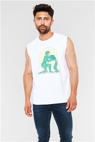 Kova Burcu Baskılı Beyaz Unisex Kolsuz Tişört - Tshirt
