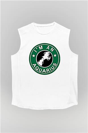Kova Burcu Baskılı Beyaz Unisex Kolsuz Tişört - Tshirt