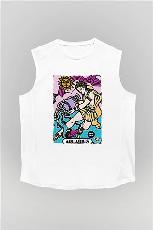 Kova Burcu Baskılı Beyaz Unisex Kolsuz Tişört - Tshirt
