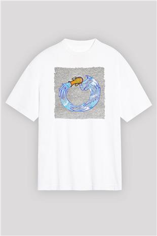 Kova Burcu Baskılı Beyaz Unisex Oversize Tişört - Tshirt