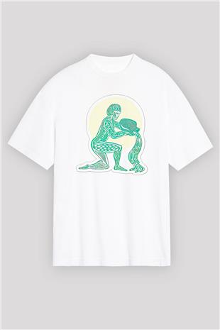 Kova Burcu Baskılı Beyaz Unisex Oversize Tişört - Tshirt