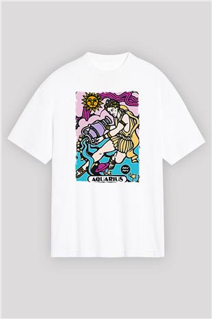 Kova Burcu Baskılı Beyaz Unisex Oversize Tişört - Tshirt