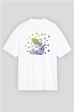 Kova Burcu Baskılı Beyaz Unisex Oversize Tişört - Tshirt