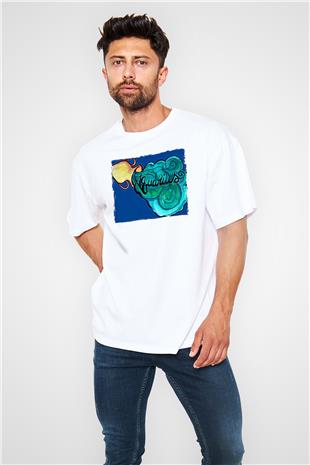 Kova Burcu Baskılı Beyaz Unisex Oversize Tişört - Tshirt