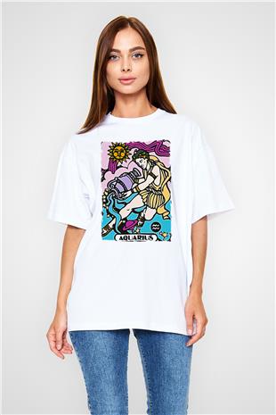 Kova Burcu Baskılı Beyaz Unisex Oversize Tişört - Tshirt
