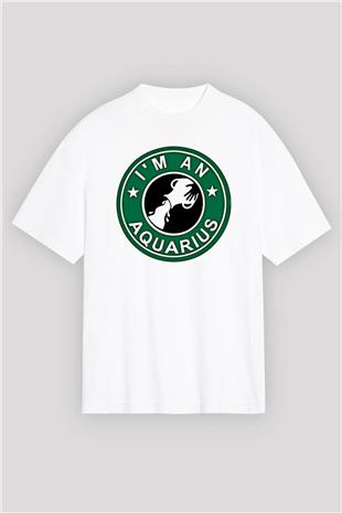 Kova Burcu Baskılı Beyaz Unisex Oversize Tişört - Tshirt