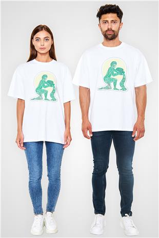 Kova Burcu Baskılı Beyaz Unisex Oversize Tişört - Tshirt
