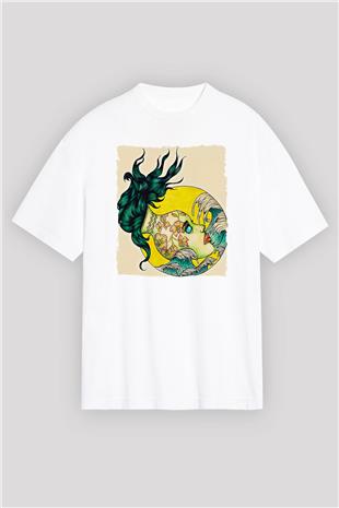 Kova Burcu Baskılı Beyaz Unisex Oversize Tişört - Tshirt