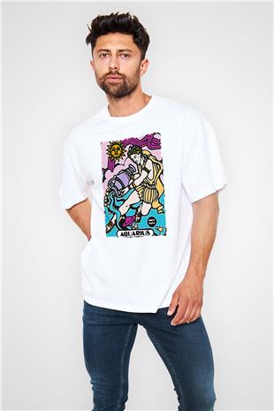 Kova Burcu Baskılı Beyaz Unisex Oversize Tişört - Tshirt