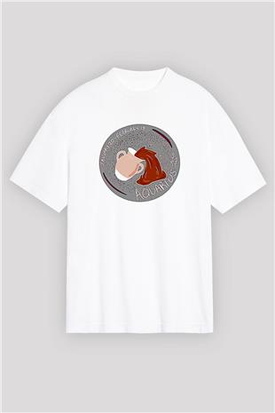 Kova Burcu Baskılı Beyaz Unisex Oversize Tişört - Tshirt