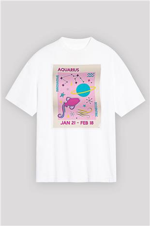 Kova Burcu Baskılı Beyaz Unisex Oversize Tişört - Tshirt
