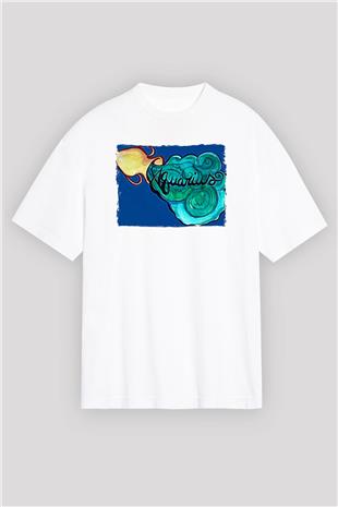 Kova Burcu Baskılı Beyaz Unisex Oversize Tişört - Tshirt