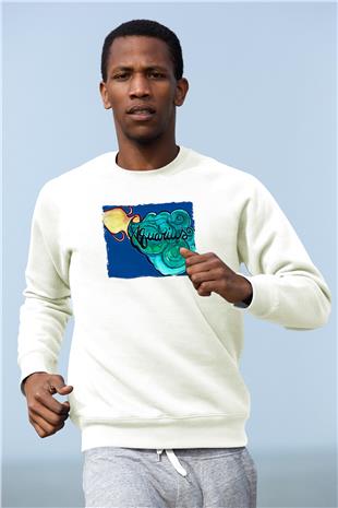 Kova Burcu Baskılı Beyaz Unisex Sweatshirt