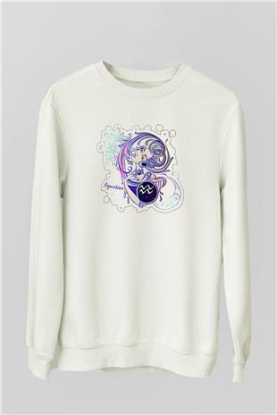 Kova Burcu Baskılı Beyaz Unisex Sweatshirt