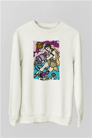 Kova Burcu Baskılı Beyaz Unisex Sweatshirt
