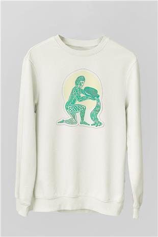 Kova Burcu Baskılı Beyaz Unisex Sweatshirt