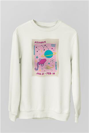 Kova Burcu Baskılı Beyaz Unisex Sweatshirt