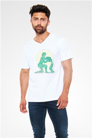 Kova Burcu Baskılı Beyaz Unisex V Yaka Tişört - Tshirt