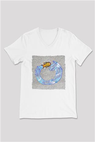 Kova Burcu Baskılı Beyaz Unisex V Yaka Tişört - Tshirt