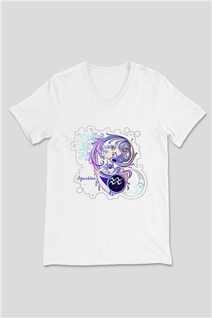 Kova Burcu Baskılı Beyaz Unisex V Yaka Tişört - Tshirt