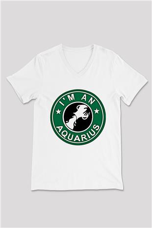 Kova Burcu Baskılı Beyaz Unisex V Yaka Tişört - Tshirt