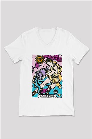 Kova Burcu Baskılı Beyaz Unisex V Yaka Tişört - Tshirt