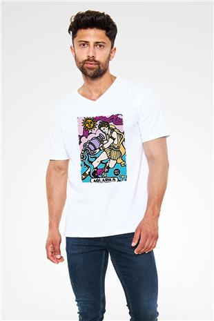 Kova Burcu Baskılı Beyaz Unisex V Yaka Tişört - Tshirt