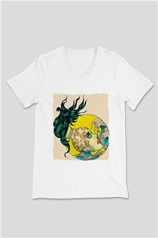 Kova Burcu Baskılı Beyaz Unisex V Yaka Tişört - Tshirt