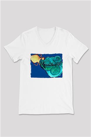 Kova Burcu Baskılı Beyaz Unisex V Yaka Tişört - Tshirt