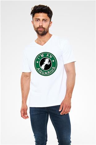 Kova Burcu Baskılı Beyaz Unisex V Yaka Tişört - Tshirt