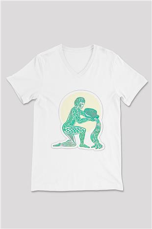 Kova Burcu Baskılı Beyaz Unisex V Yaka Tişört - Tshirt