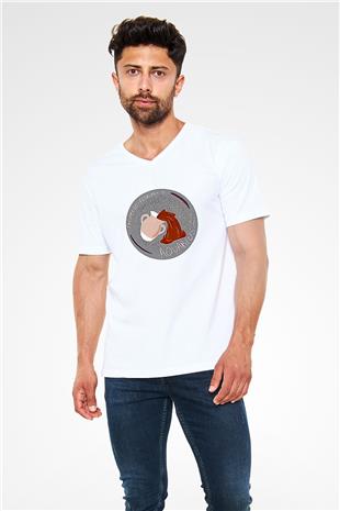 Kova Burcu Baskılı Beyaz Unisex V Yaka Tişört - Tshirt