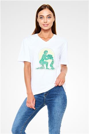 Kova Burcu Baskılı Beyaz Unisex V Yaka Tişört - Tshirt