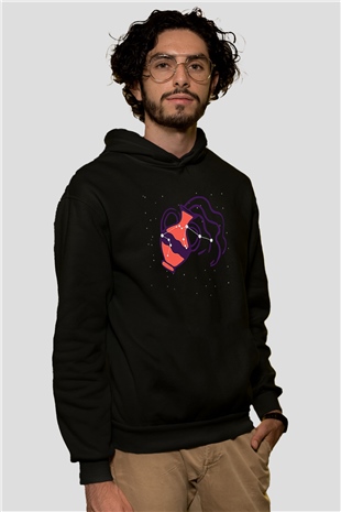 Kova Burcu Baskılı Unisex Siyah Hoodie