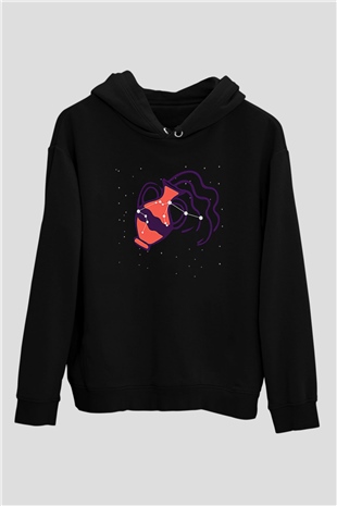 Kova Burcu Baskılı Unisex Siyah Hoodie