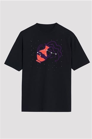Kova Burcu Baskılı Unisex Siyah Oversize Tişört - Tshirt