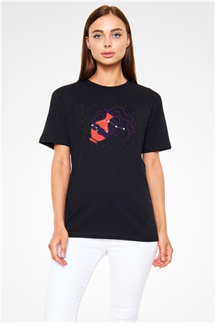 Kova Burcu Baskılı Unisex Siyah Tişört - Tshirt