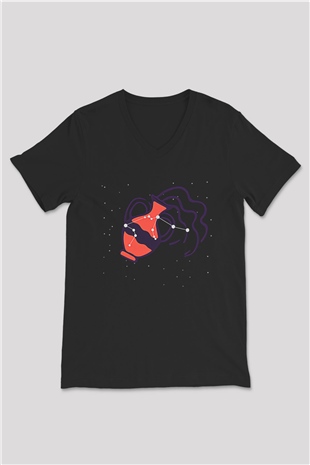 Kova Burcu Baskılı Unisex Siyah V Yaka Tişört - Tshirt