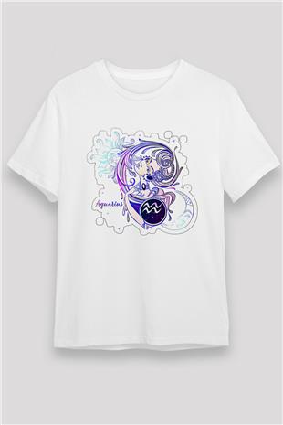Kova Burcu Unisex Baskılı Beyaz Tişört - Tshirt