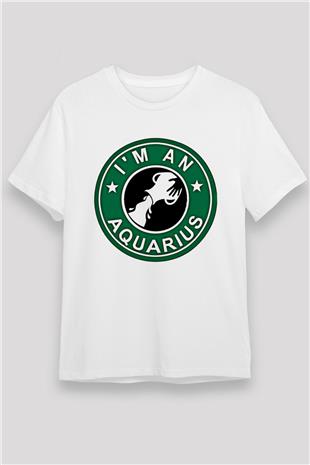 Kova Burcu Unisex Baskılı Beyaz Tişört - Tshirt