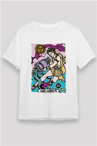 Kova Burcu Unisex Baskılı Beyaz Tişört - Tshirt