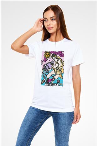 Kova Burcu Unisex Baskılı Beyaz Tişört - Tshirt