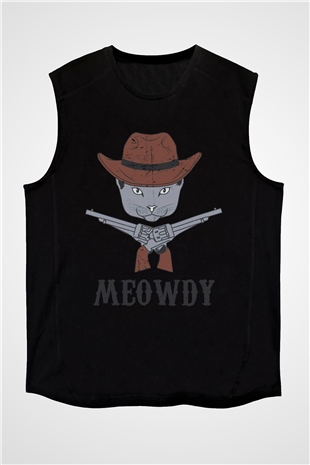 Kovboy Kedi Baskılı Unisex Siyah  Kolsuz Tişört