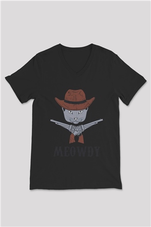 Kovboy Kedi Baskılı Unisex Siyah  V Yaka Tişört