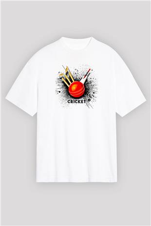 Kriket Baskılı Unisex Beyaz Oversize Tişört - Tshirt