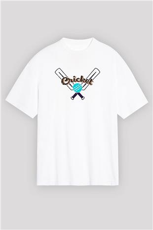 Kriket Baskılı Unisex Beyaz Oversize Tişört - Tshirt