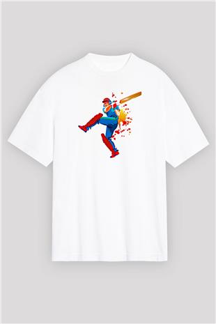 Kriket Baskılı Unisex Beyaz Oversize Tişört - Tshirt