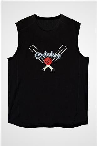 Kriket - Cricket Baskılı Unisex Siyah Kolsuz Tişört